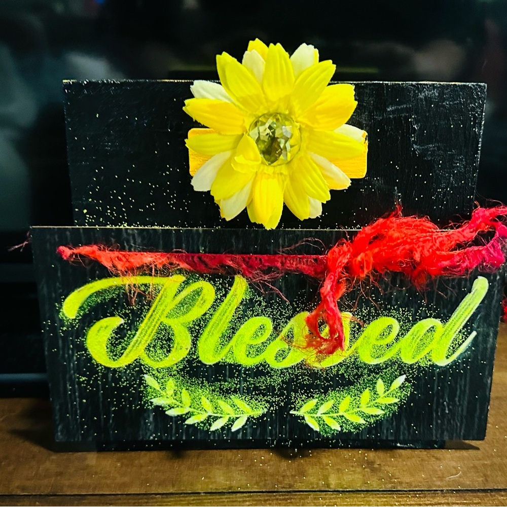 Black and Yellow 'Blessed' Decorative Sign